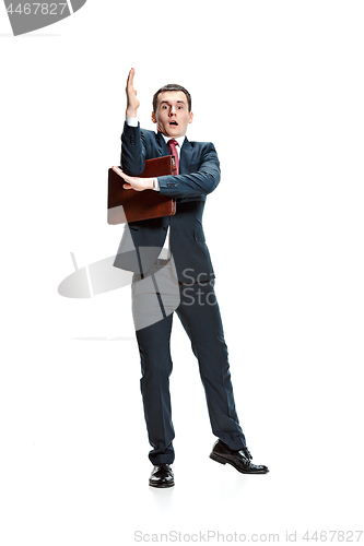 Image of Choose me. Full body view of businessman on white studio background