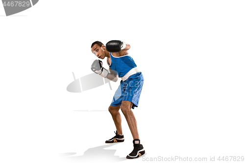 Image of Sporty man during boxing exercise. Photo of boxer on white background