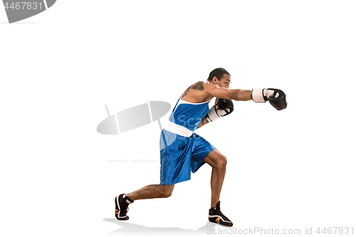 Image of Sporty man during boxing exercise. Photo of boxer on white background