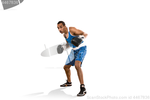 Image of Sporty man during boxing exercise. Photo of boxer on white background