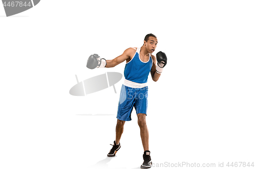 Image of Sporty man during boxing exercise. Photo of boxer on white background