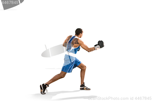 Image of Sporty man during boxing exercise. Photo of boxer on white background