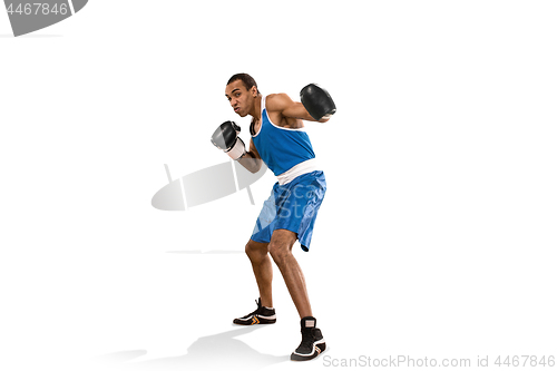 Image of Sporty man during boxing exercise. Photo of boxer on white background