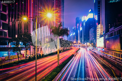 Image of Street traffic in Hong Kong at night