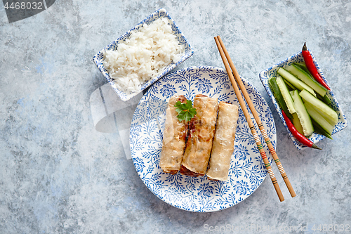 Image of Orginal asian deep fried spring rolls placed on beautiful oriental style plate