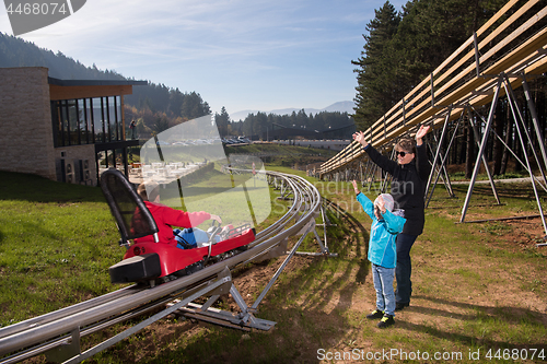 Image of Happy family driving on alpine coaster