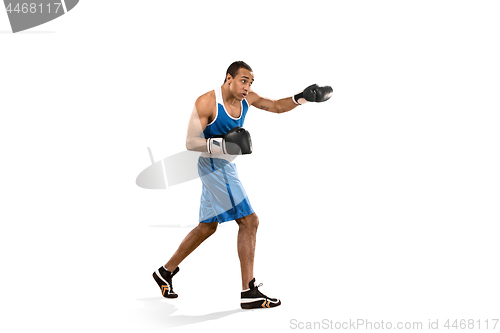 Image of Sporty man during boxing exercise. Photo of boxer on white background