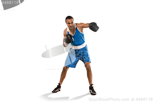 Image of Sporty man during boxing exercise. Photo of boxer on white background