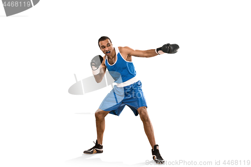 Image of Sporty man during boxing exercise. Photo of boxer on white background