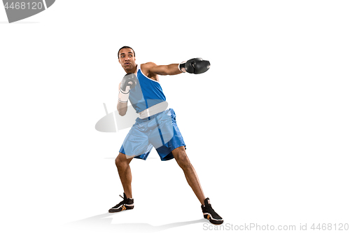 Image of Sporty man during boxing exercise. Photo of boxer on white background