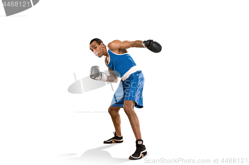 Image of Sporty man during boxing exercise. Photo of boxer on white background