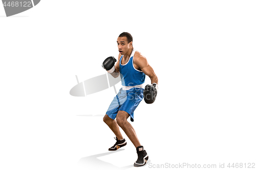 Image of Sporty man during boxing exercise. Photo of boxer on white background