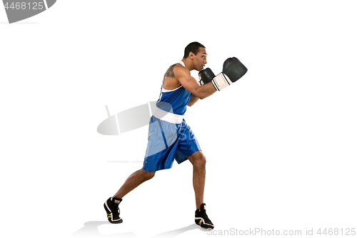 Image of Sporty man during boxing exercise. Photo of boxer on white background