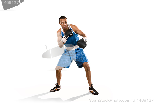 Image of Sporty man during boxing exercise. Photo of boxer on white background