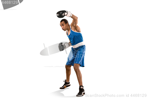 Image of Sporty man during boxing exercise. Photo of boxer on white background