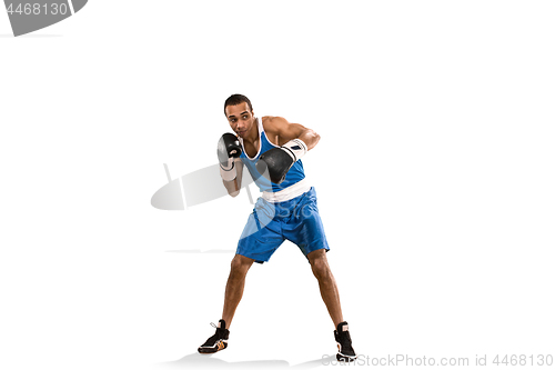 Image of Sporty man during boxing exercise. Photo of boxer on white background