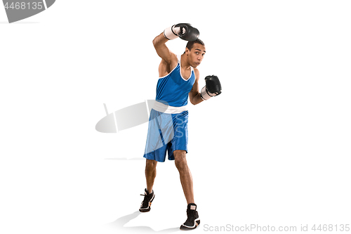 Image of Sporty man during boxing exercise. Photo of boxer on white background