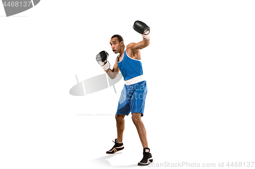 Image of Sporty man during boxing exercise. Photo of boxer on white background