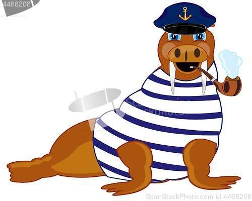 Image of Cartoon animal walrus in service cap of the captain with tube