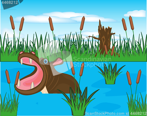 Image of African animal hippopotamus sails in river.Vector illustration