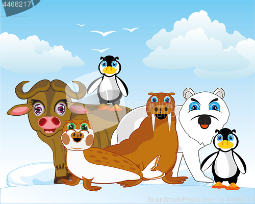 Image of Arctic animals of the north on background of the snow and blocks of ice