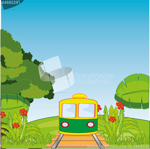 Image of Rails and train amongst wild nature.Vector illustration