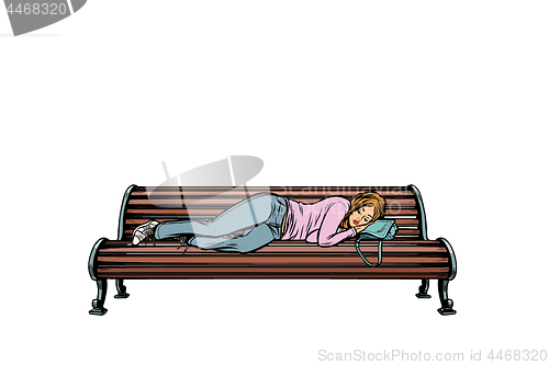 Image of young woman sleeping on a bench. homeless