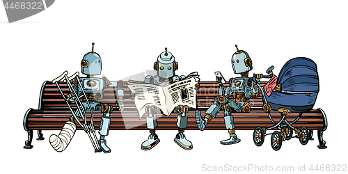 Image of Robots are resting on a park bench