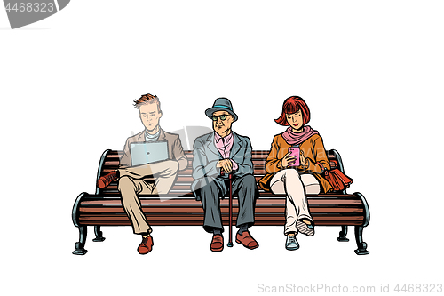 Image of people sit on the bench. pensioner, woman and man