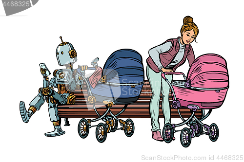 Image of young mother and robot with a baby carriage, park bench