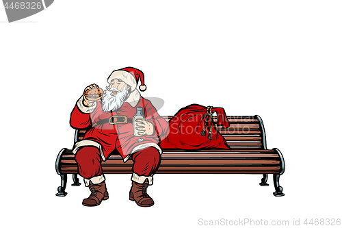 Image of Santa Claus eats fast food Burger, Park bench