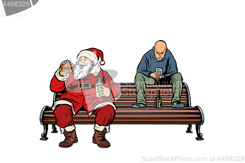 Image of Santa Claus eats fast food Burger, hooligan drinks drunk