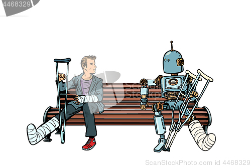 Image of a robot and a man with broken legs with crutches and in a cast