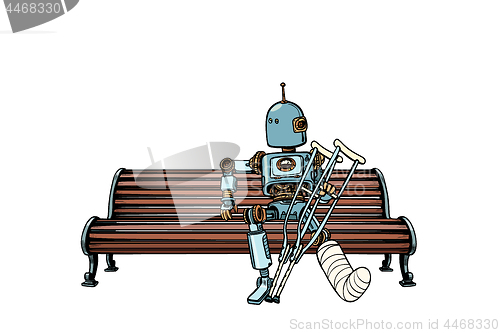 Image of Robot with broken leg in plaster, rest in the Park