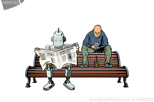 Image of The robot reads the morning newspaper, a drunk man sits next