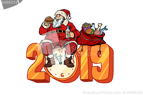 Image of Hungry Santa Claus eating, new year 2019