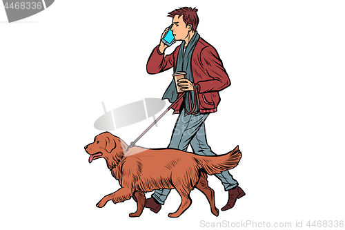 Image of man walks with a dog, golden retriever