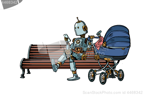 Image of mom robot resting in the Park with a baby stroller. motherhood