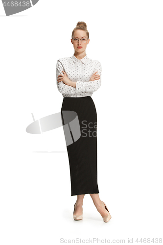 Image of Full length portrait of a smiling female teacher isolated against white background