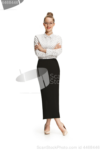 Image of Full length portrait of a smiling female teacher isolated against white background