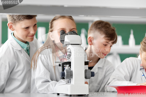 Image of kids or students with microscope biology at school