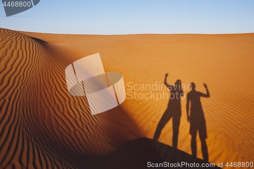 Image of Shadows of two friends on sand dune