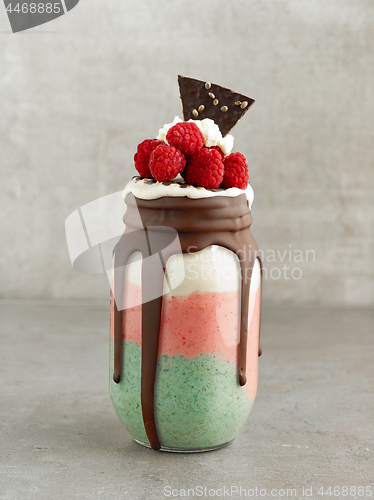 Image of dessert of frozen banana with matcha and raspberries