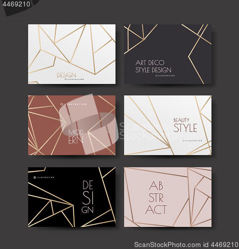 Image of A series of designs with gold lines on a white, pink and dark background in art deco style. Wedding or fashionable style. Vector