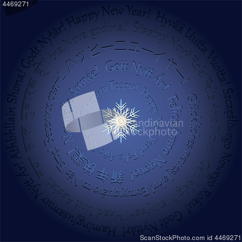 Image of  Blue New Year Card with pressed out congratulations on different languages and snowflake on Blue background