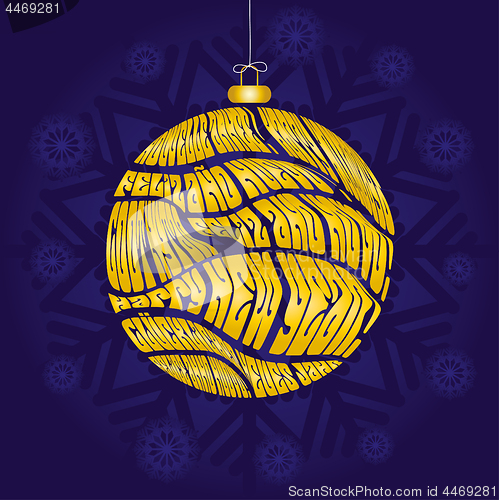 Image of Christmas card with bauble made from greetings in different languages on blue snowflaked background