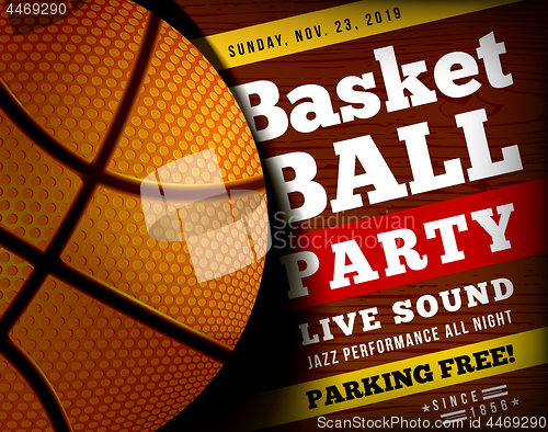 Image of Basketball party with a basketball ball on a wooden floor. Vector illustration