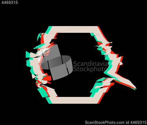 Image of Glitch distortion frame. Vector hexagon illustration on black