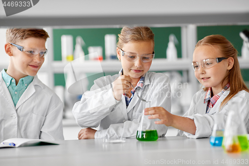 Image of kids with test tube studying chemistry at school