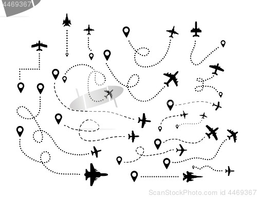 Image of A series of flying airplanes and their flight paths from the departure point. Vector ilustration